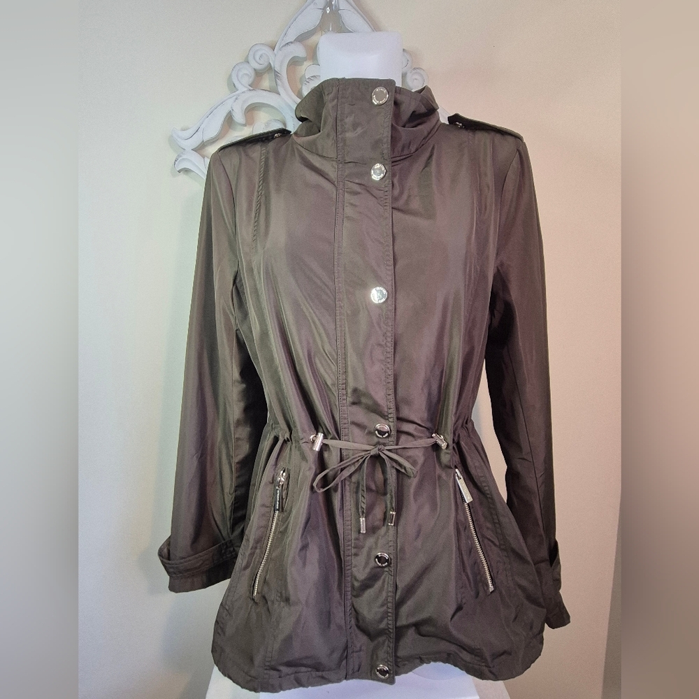 Michael Kors Hunter Green Wind Rain Lightweight Classy Coat Jacket Gold Accent